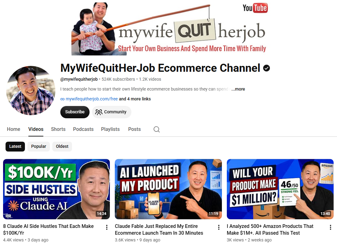 The My Wife Quit Her Job YouTube channel, 524K subscribers and 1.2K videos