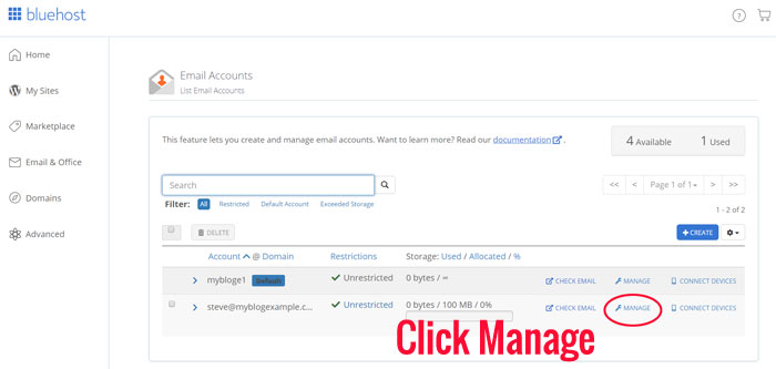 Bluehost Manage Email