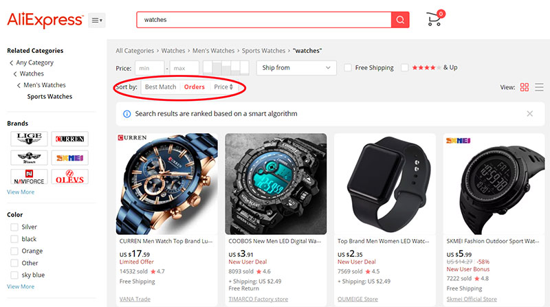 Aliexpress orders sort