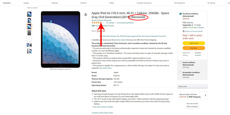 Amazon Renewed listing Apple iPad Air