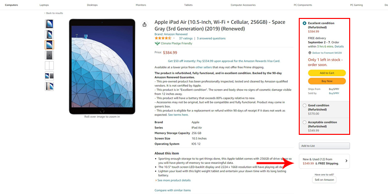 Amazon Renewed sample listing buy box and New & Used offers