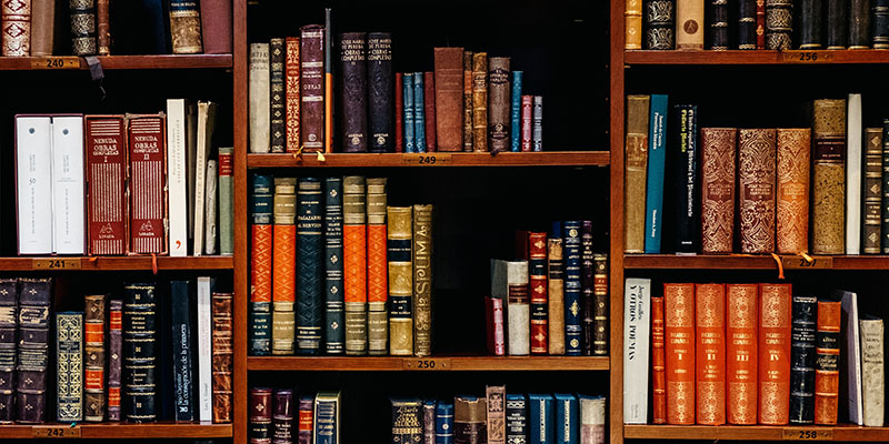 Books on a shelf in an old book store 