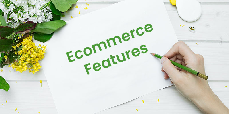 A hand holding a green pencil against a paper titled ecommerce features