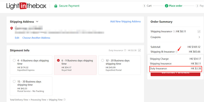 Duty insurance highlighted in red on the LightInTheBox checkout page