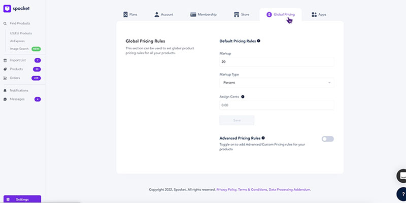 Global Pricing Rules page on Spocket