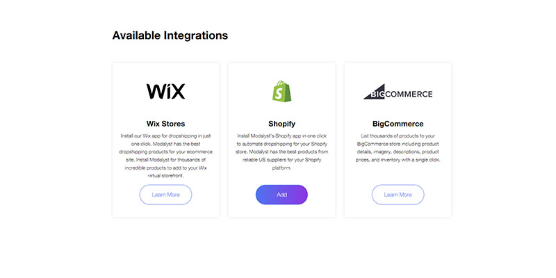 List of ecommerce platforms that can integrate with Modalyst