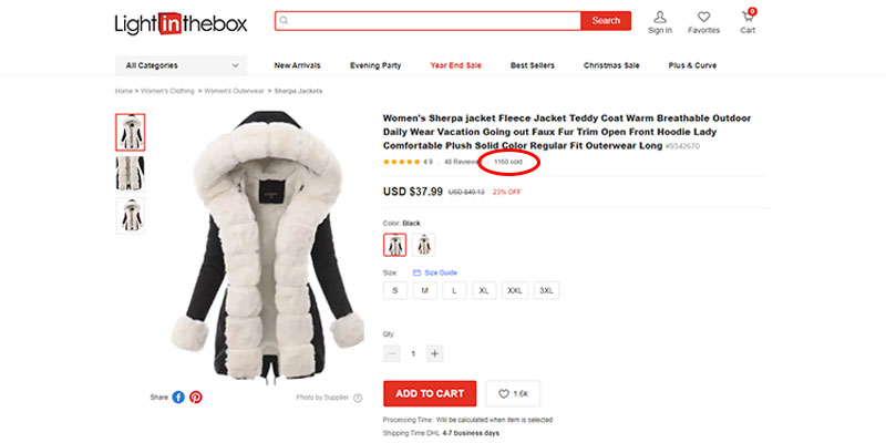 The number of products sold highlighted in red on a LightInTheBox product page