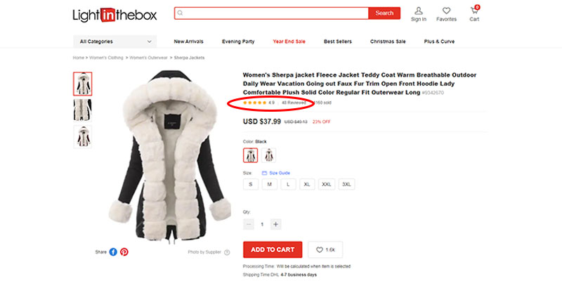 Rating and reviews highlighted in red on a LightInTheBox product page