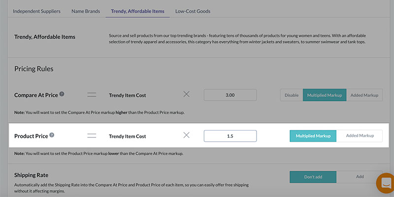 Product pricing rules page on Modalyst