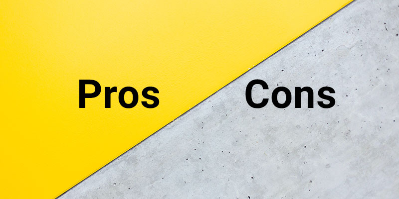 Pros on a yellow background and Cons on a grey marbled background 