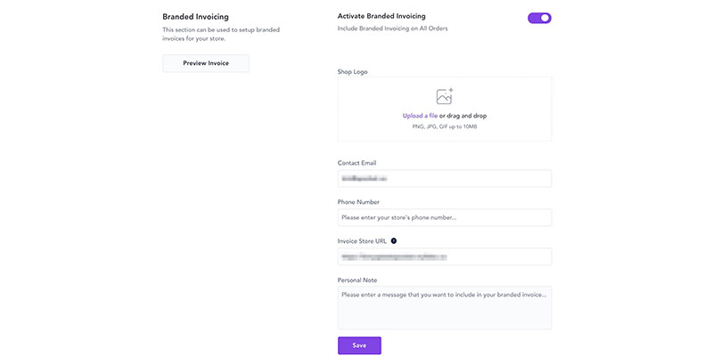 Branded Invoicing page on Spocket