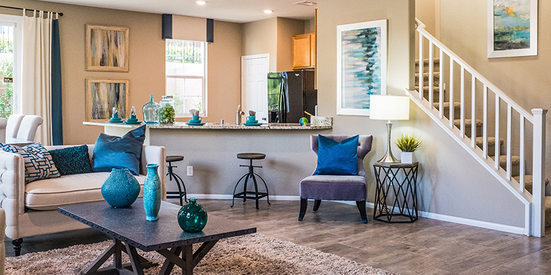 Modern style living room with Peacock blue and yellow interiors