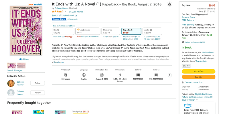Amazon listing of It Ends with Us by Colleen Hoover