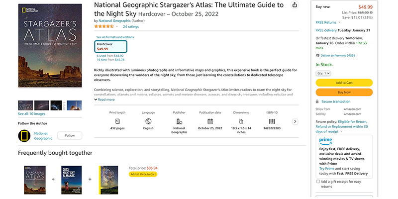 Amazon listing of National Geographic Stargazer's Atlas: The Ultimate Guide to the Night Sky