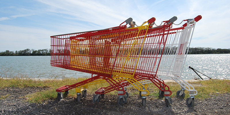 Four shopping carts along a shoreline