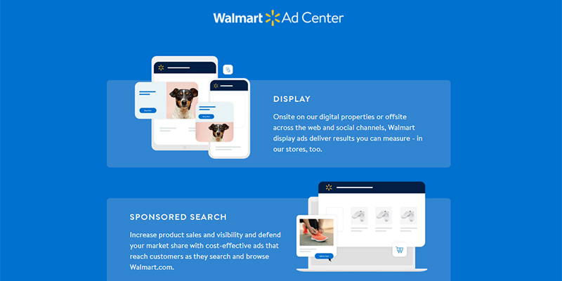 Walmart Ad Center landing page shows types of ads