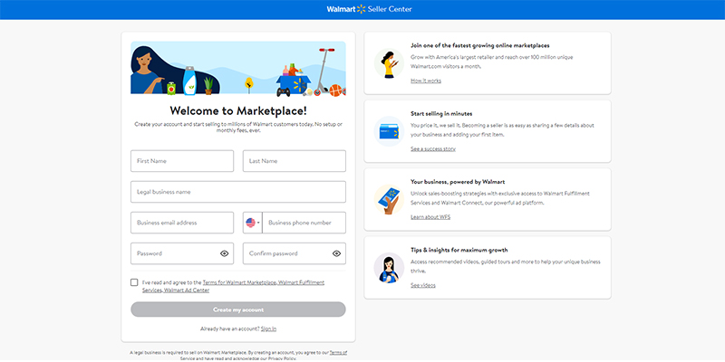 Walmart Seller Center sign up page