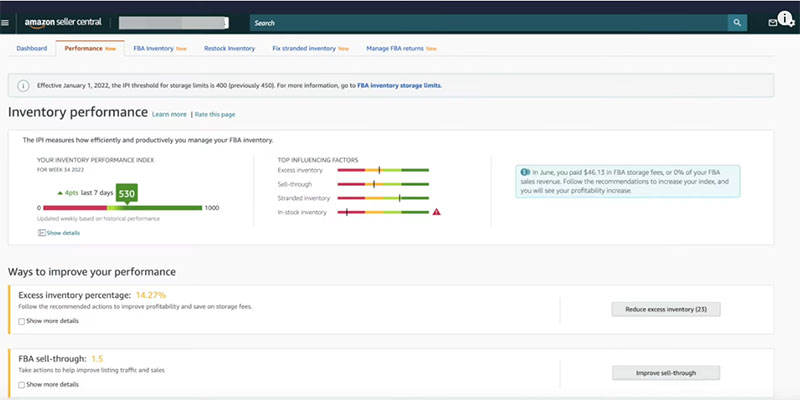 Inventory Performance page on Amazon Seller Central