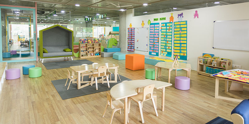 A daycare center with kids toys and tables
