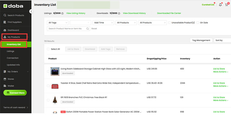 Inventory List on Doba dashboard