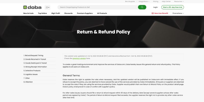 screenshot of Doba refund and return policy