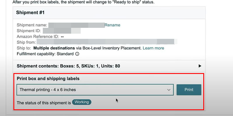 Print box and shipping labels section