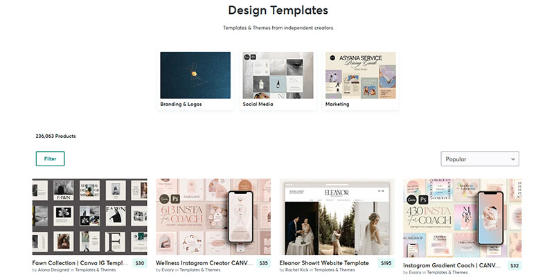 Design templates page on Creative Market