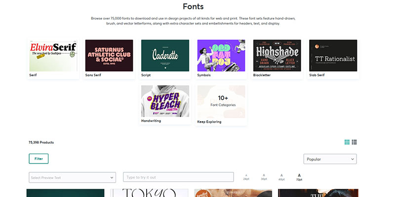 Fonts page on Creative Market