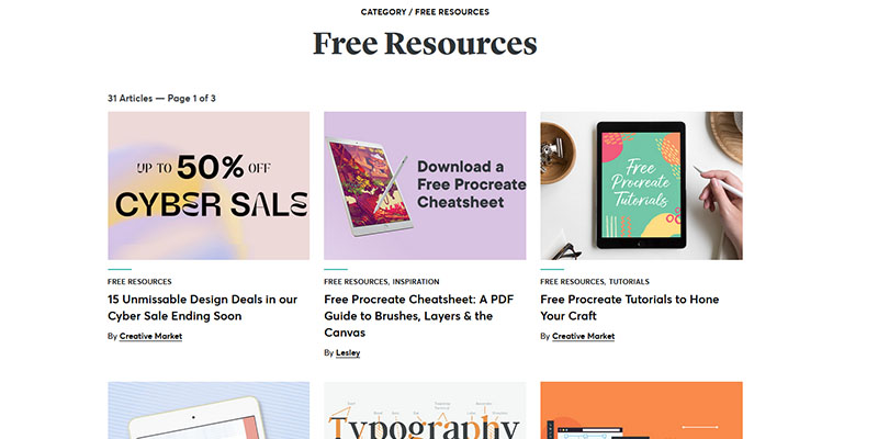 Free resources page on Creative Market