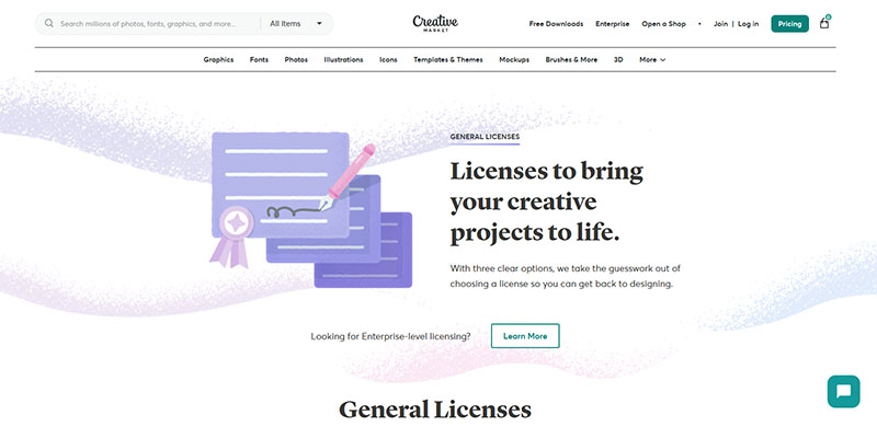 General licenses page on Creative Market