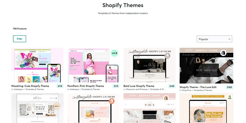 Shopify themes page on Creative Market