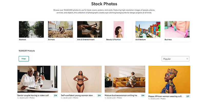 Stock photos page on Creative Market