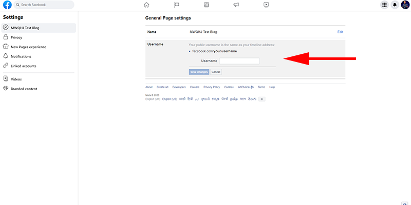 General Page settings section on Facebook page settings