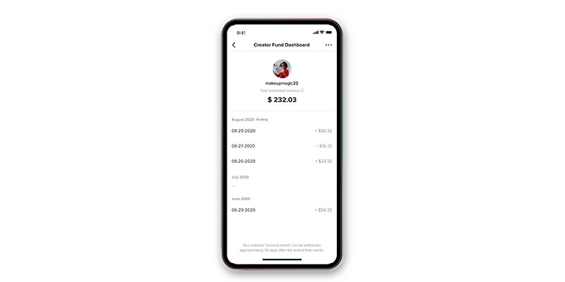 TikTok Creator Fund dashboard on a cell phone