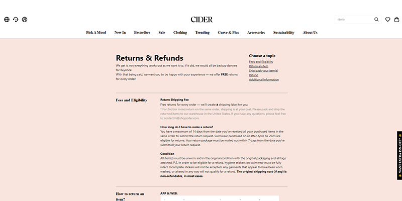 Cide Returns and Refunds page