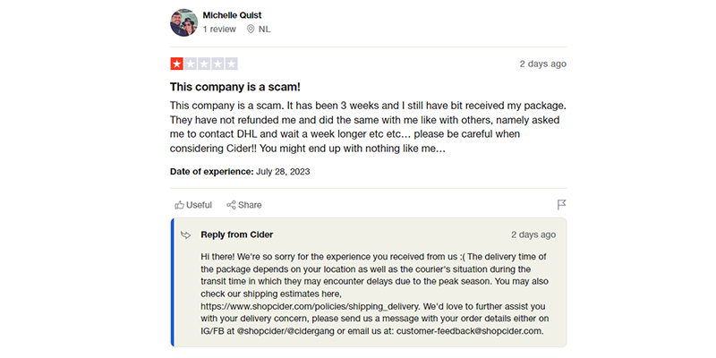 Cider review (slow shipping) on Trustpilot
