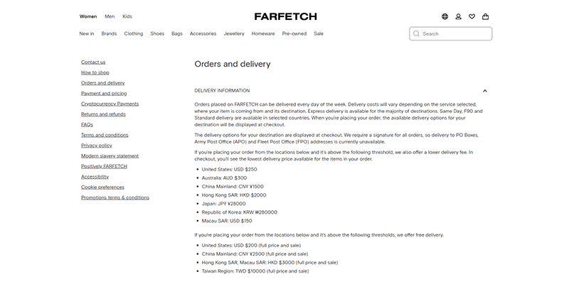 Farfetch shipping policy