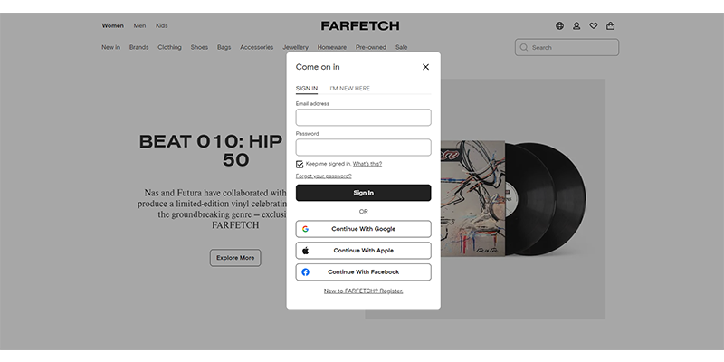 Farfetch sign up page