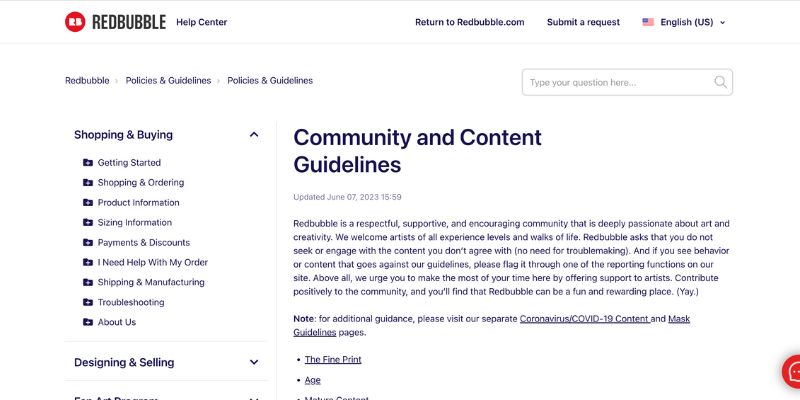 screenshot of redbubble community and content guidelines 