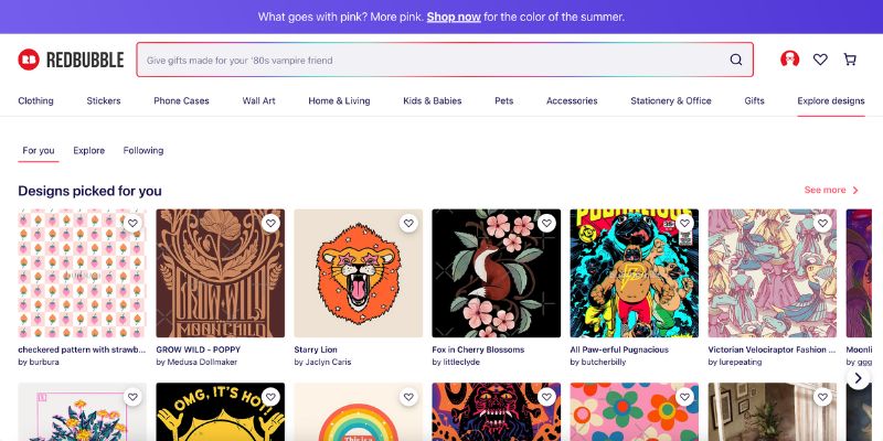 screenshot of redbubble homepage