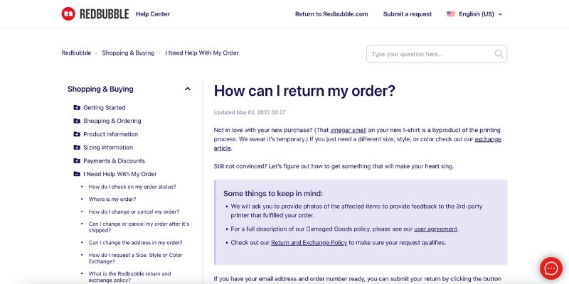 screenshot of redbubble returns page