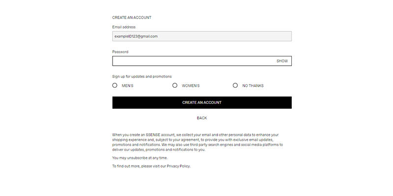 SSense log in page