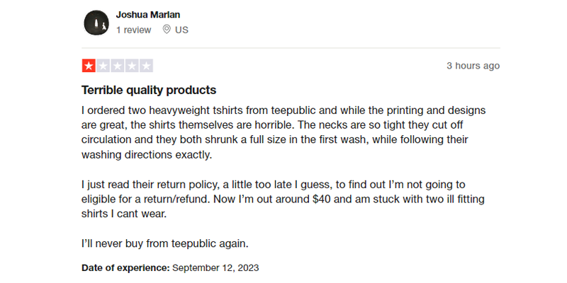 TeePublic fit issues review on Trustpilot