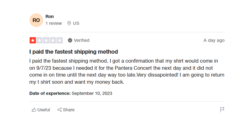 TeePublic late delivery review on Trustpilot