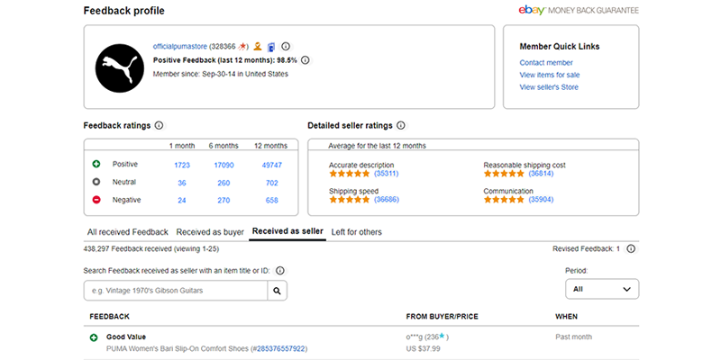 Puma feedback profile on eBay
