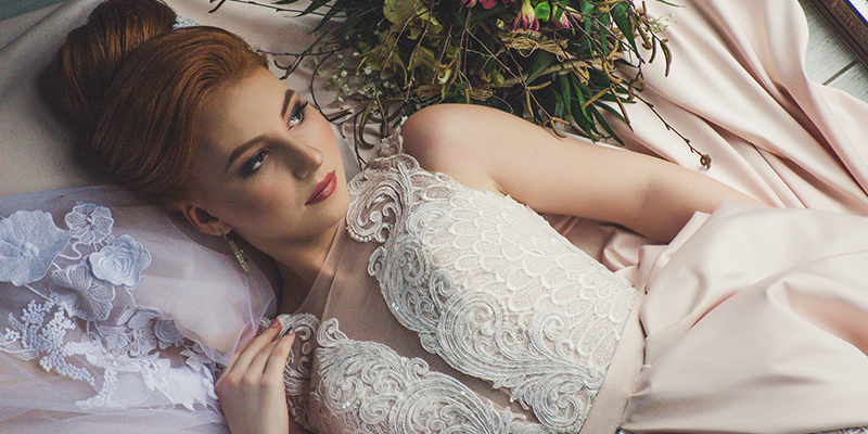 A model wearing a wedding dress