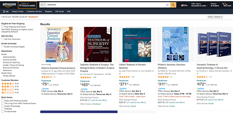 Amazon textbooks catalog page