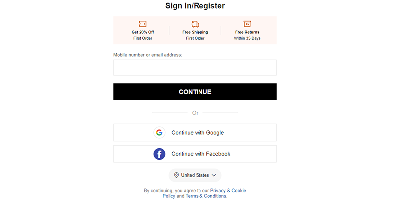 Shein account registration