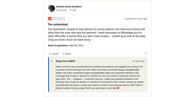 Shein's Trustpilot review about customer service