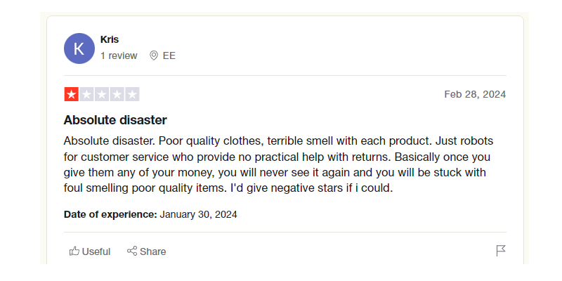 Shein Trustpilot review about smelly products